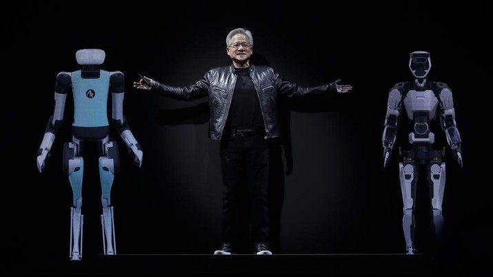 Foto: Presiden dan CEO Nvidia Corporation Jensen Huang menyampaikan pidato saat pameran Computex 2024 di Taipei, Taiwan, Minggu, 2 Juni 2024. (AP/Chiang Ying-ying)