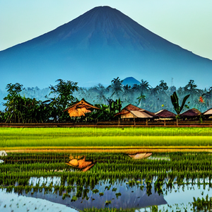 Pemandangan sawah dengan gunung merapi